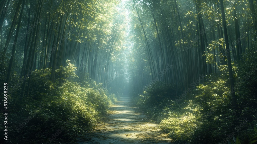 Fototapeta premium Serenity Amongst Bamboo: Embracing Resilience and Nature's Calm in a Surreal Japanese Forest Path