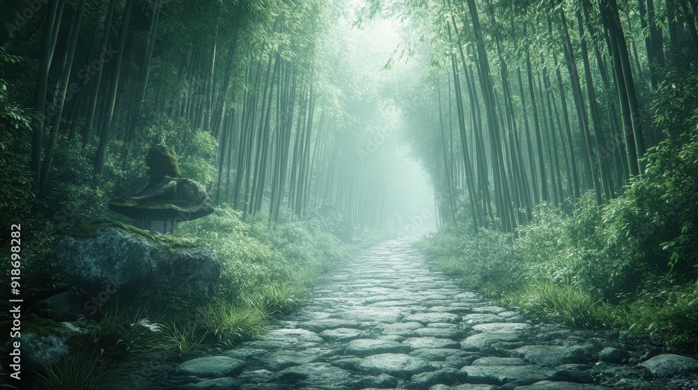 Obraz premium Zen Path of Resilience: Tranquil Japanese Forest with Tall Bamboo, Symbol of Growth and Calming Surreal Nature Presence