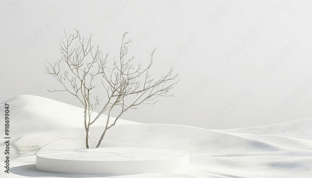 Fototapeta premium Minimal mockup background for product presentation. Podium and dry tree twigs branch with white sand beach on white background. 3d rendering illustration, generative ai