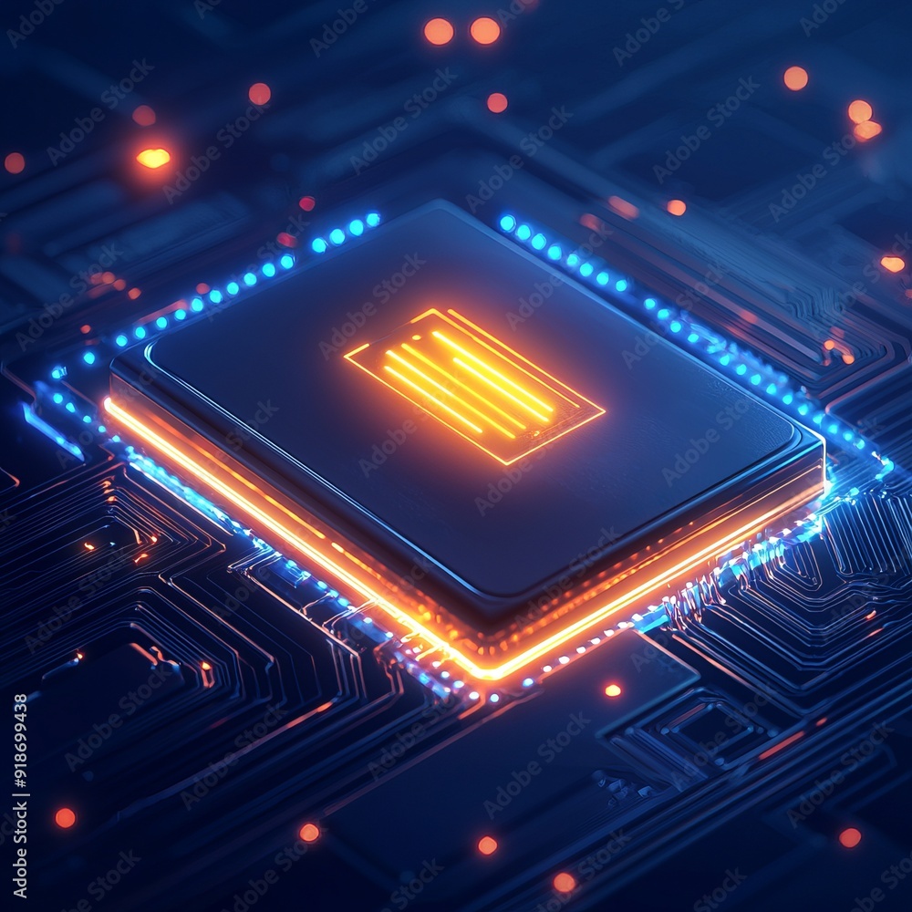 A close-up of a glowing microchip on a circuit board, showcasing intricate patterns and vibrant lighting, symbolizing technology advancement. A close-up of a glowing microchip on a circuit board, showcasing intricate patterns and vibrant lighting, symbolizing technology advancement.