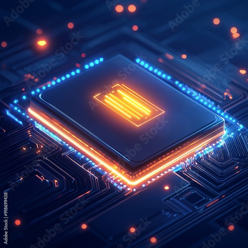 A close-up of a glowing microchip on a circuit board, showcasing intricate patterns and vibrant lighting, symbolizing technology advancement.