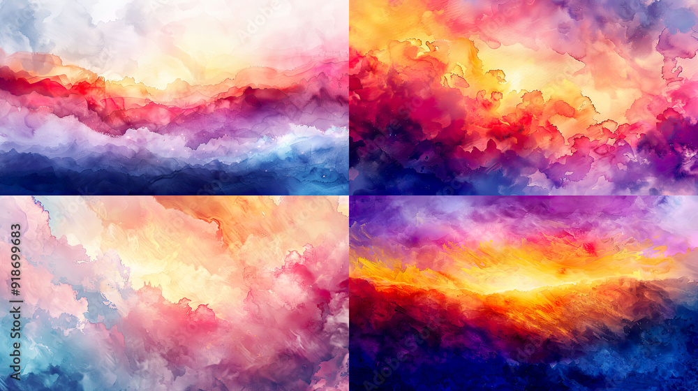 Dynamic watercolor washes of sunrise skies, rich and bold colors, seamless transitions, energetic backgrounds Dynamic watercolor washes of sunrise skies, rich and bold colors, seamless transitions, energetic backgrounds