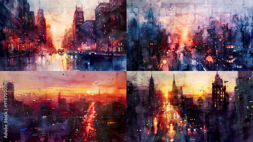Ethereal sunsets and city lights in watercolor, layered with washes that blend dusky hues and glowing lights to evoke a sense of urban twilight Ethereal sunsets and city lights in watercolor, layered with washes that blend dusky hues and glowing lights to evoke a sense of urban twilight
