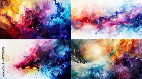 Ethereal watercolor splashes, shimmering colors, capturing the vastness of the cosmos 