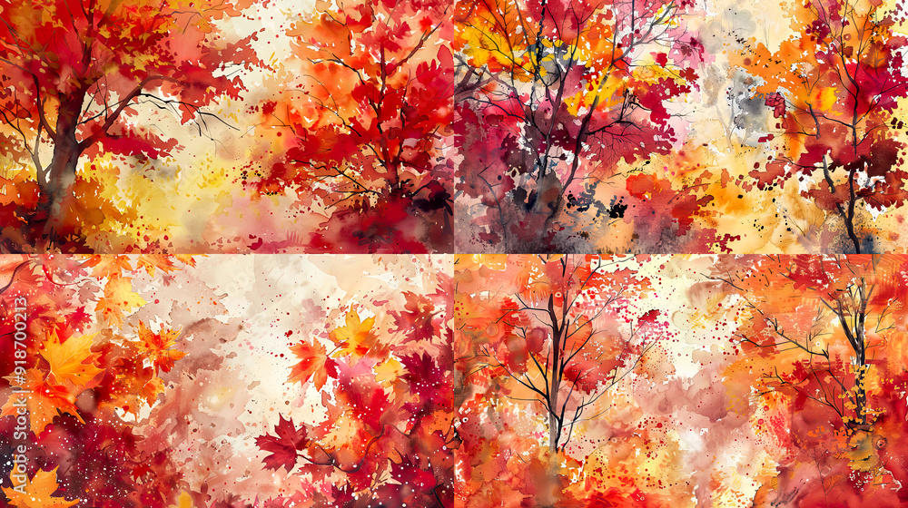 Fall foliage ablaze with reds and oranges, painted in expressive watercolor splashes and autumnal hues Fall foliage ablaze with reds and oranges, painted in expressive watercolor splashes and autumnal hues