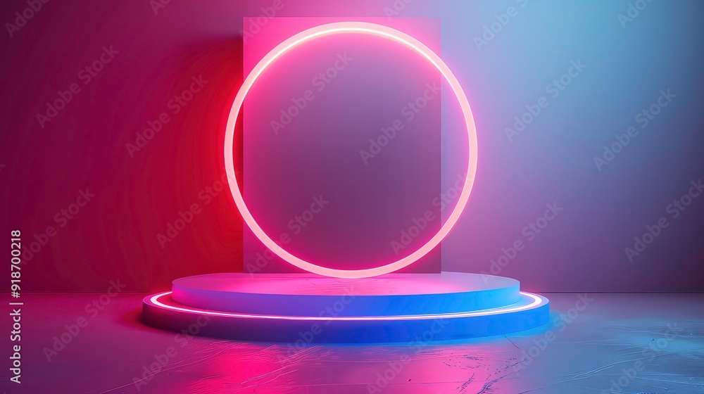 A white circular platform with a white neon light sits on a larger, similar platform. The background is a gradient of purple and pink, with a pink neon light glowing around a white rectangle. A white circular platform with a white neon light sits on a larger, similar platform. The background is a gradient of purple and pink, with a pink neon light glowing around a white rectangle.