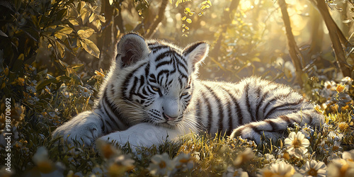 A white tiger cub is lying in the grass, generative AI