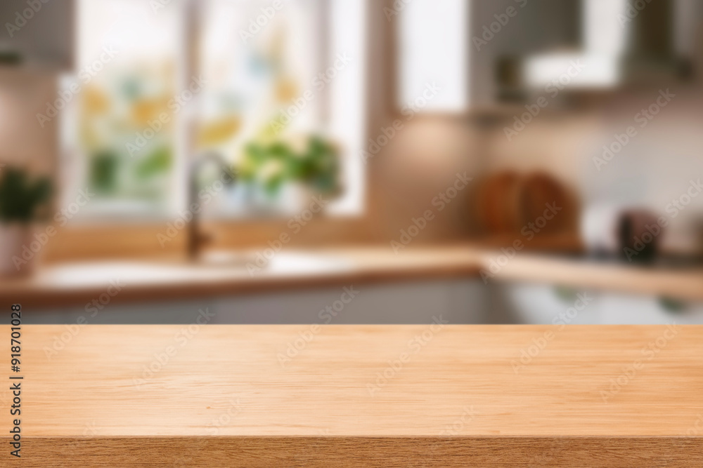 Kitchen wood table top for product display with blurred modern interior. Wooden tabletop over defocused kitchen background. kitchen furniture and desk space. product promotion in the kitchen Kitchen wood table top for product display with blurred modern interior. Wooden tabletop over defocused kitchen background. kitchen furniture and desk space. product promotion in the kitchen