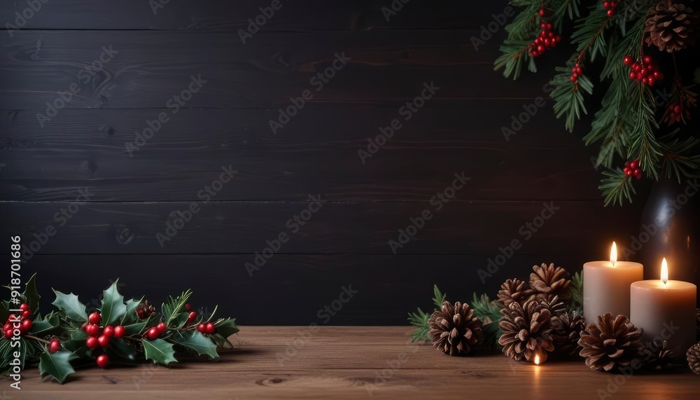 dark Christmas decoration background featuring a wooden table with scattered pine cones, holly leaves, and flickering candlelight, with ample copy space for greetings card text, ai dark Christmas decoration background featuring a wooden table with scattered pine cones, holly leaves, and flickering candlelight, with ample copy space for greetings card text, ai