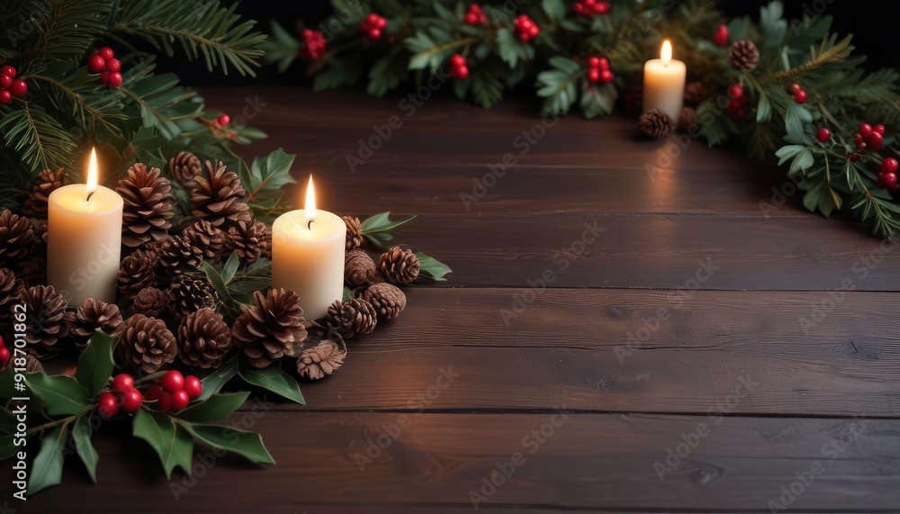 dark Christmas decoration background featuring a wooden table with scattered pine cones, holly leaves, and flickering candlelight, with ample copy space for greetings card text, ai dark Christmas decoration background featuring a wooden table with scattered pine cones, holly leaves, and flickering candlelight, with ample copy space for greetings card text, ai