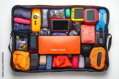 op view of packed travel bag with gadgets and clothing, Friday sale label photo