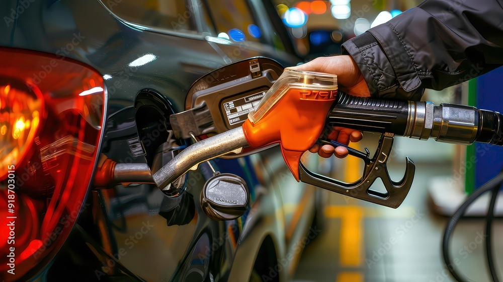 A hand is holding a gas pump nozzle, inserting it into the fuel tank of a black car. The car is parked at a gas station, with blurred lights in the background. A hand is holding a gas pump nozzle, inserting it into the fuel tank of a black car. The car is parked at a gas station, with blurred lights in the background.