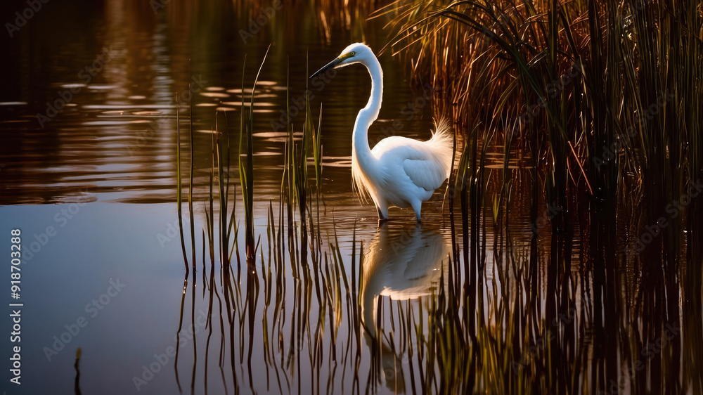Fototapeta premium Sunset Serenity: The Graceful Egret in Golden Marshlands