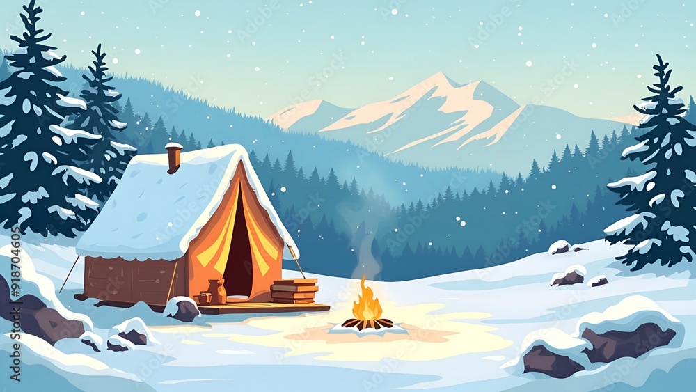Snowy Mountain Campsite with a Cozy Cabin Snowy Mountain Campsite with a Cozy Cabin