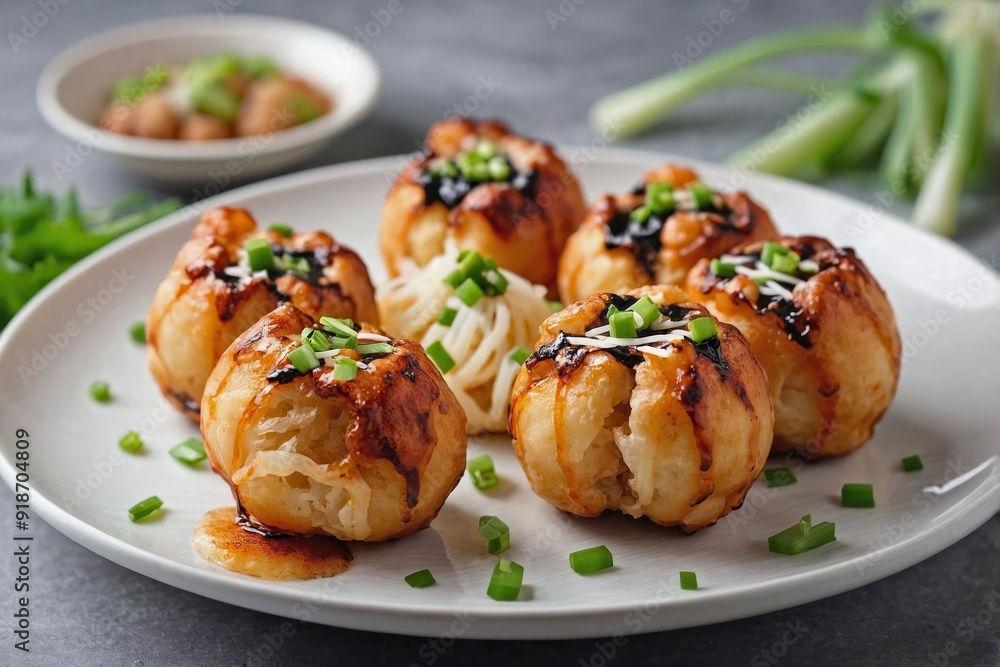 Takoyaki on a White Plate with Simple Garnish Takoyaki on a White Plate with Simple Garnish