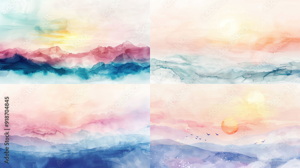 Subtle watercolor washes of gentle sunrise, pastel and seamless gradients, calm backgrounds Subtle watercolor washes of gentle sunrise, pastel and seamless gradients, calm backgrounds