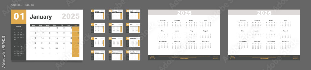 Set of Pages Monthly Calendar Planner Templates on 2025, annual on 2025, 2026. Vector mockup of a wall or desktop calendar with the week starting on Monday for printing. Page for size A4-21x29.7cm Set of Pages Monthly Calendar Planner Templates on 2025, annual on 2025, 2026. Vector mockup of a wall or desktop calendar with the week starting on Monday for printing. Page for size A4-21x29.7cm
