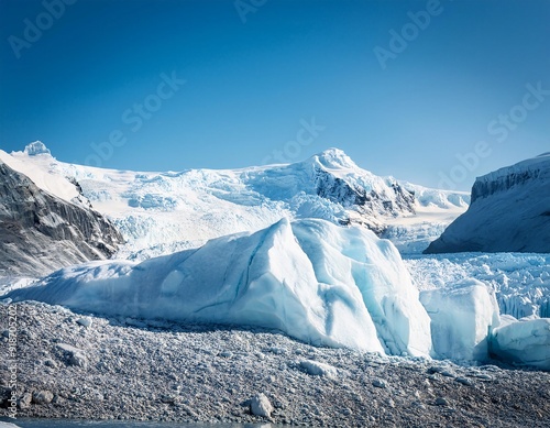 This image showcases a massive glacier of pristine ice set against a clear, bright sky.