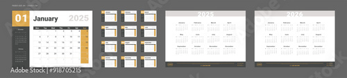 Set of Pages Monthly Calendar Planner Templates on 2025, annual on 2025, 2026. Vector mockup of a wall or desktop calendar with the week starting on Monday for printing. Page for size A4-21x29.7cm