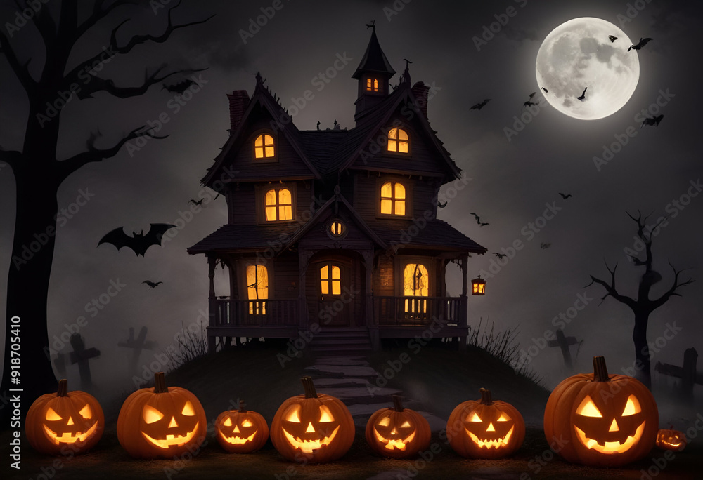 A haunted castle on a hill silhouetted against a orange full moon, with bats flying in the sky. In the foreground, there are several carved jack-o'-lanterns with glowing faces A haunted castle on a hill silhouetted against a orange full moon, with bats flying in the sky. In the foreground, there are several carved jack-o'-lanterns with glowing faces