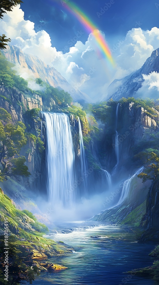 Fototapeta premium waterfall and rainbow anime portait