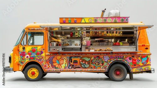 A vibrant food truck with a detailed side mural and open serving window, against a completely white background