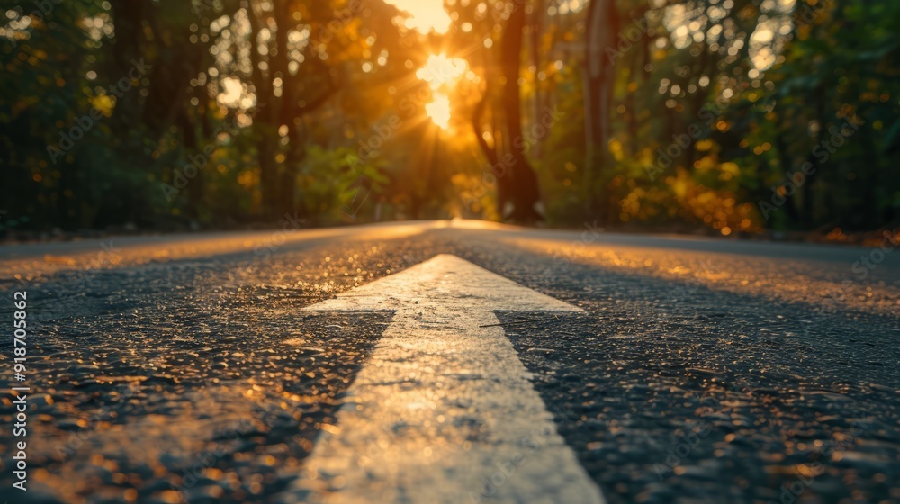 A white arrow painted on a paved road leads forward toward a bright sunset through trees. A white arrow painted on a paved road leads forward toward a bright sunset through trees.