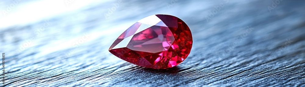 Close-up of a brilliant pear-shaped red gemstone on a textured wooden surface, highlighting its vibrant color and intricate facets. Close-up of a brilliant pear-shaped red gemstone on a textured wooden surface, highlighting its vibrant color and intricate facets.