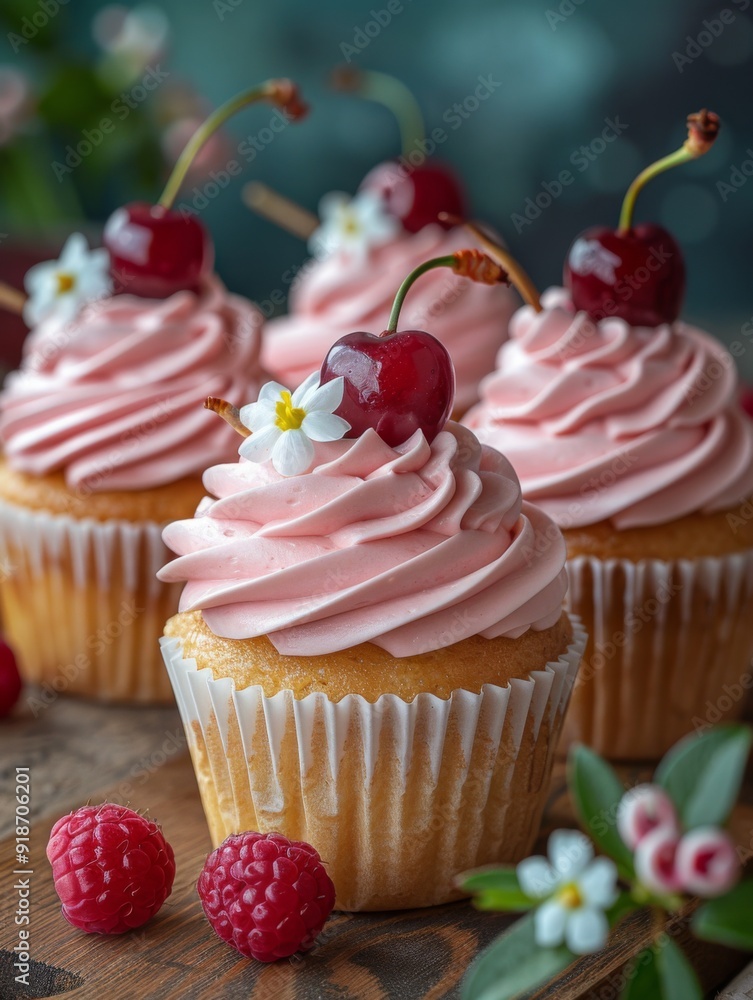 Delicious Cherry and Raspberry Cupcakes with Pink Frosting and Flowers Delicious Cherry and Raspberry Cupcakes with Pink Frosting and Flowers