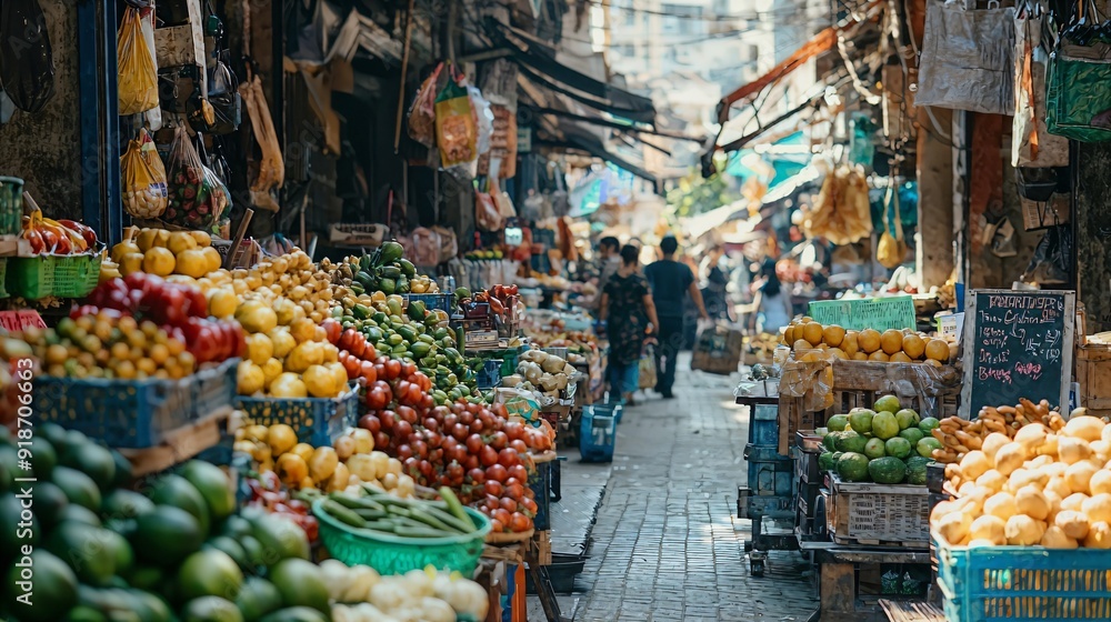Fototapeta premium a man walking through a market filled with lots of fruits and vegetables