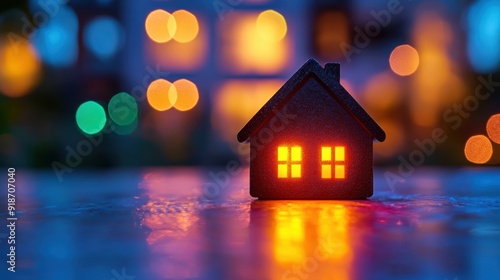 Cozy miniature house with glowing windows, surrounded by colorful bokeh lights. Warm and inviting night scene representing home and comfort.