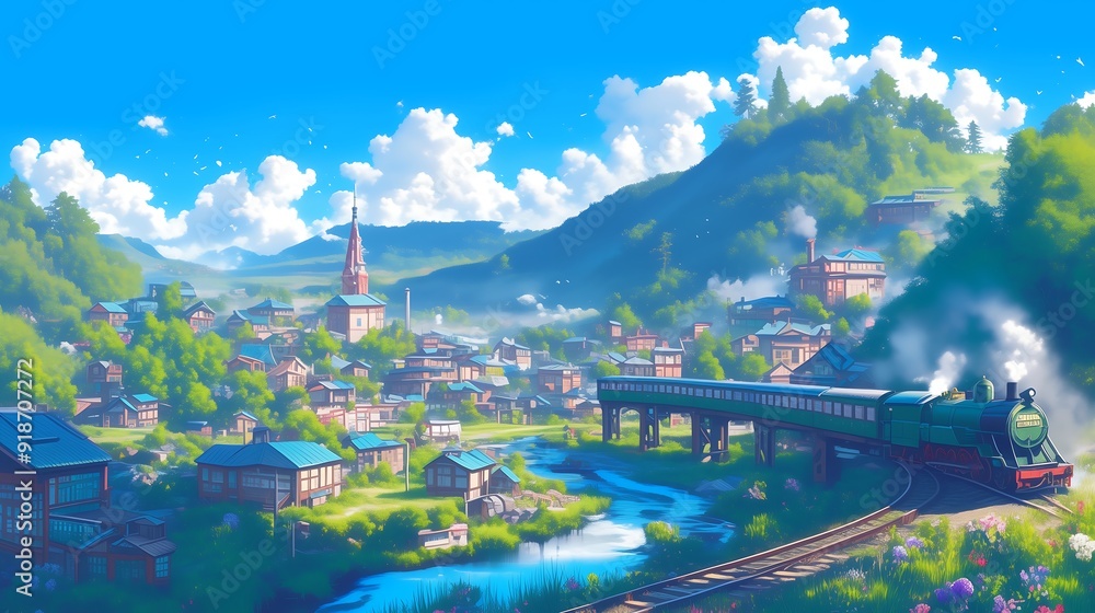 Fototapeta premium anime landscape with train and village and mountain