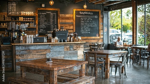 a restaurant with tables and benches and chalkboard menus