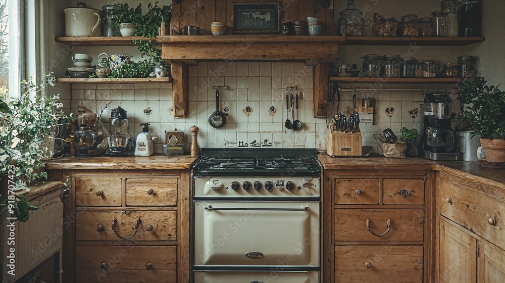 a kitchen with a stove and wooden cabinets a kitchen with a stove and wooden cabinets