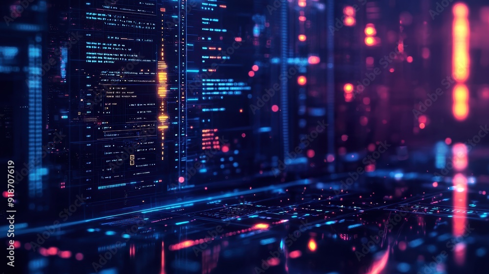 Fototapeta premium Futuristic digital technology interface with glowing data visualization. High-tech abstract background for IT and software concepts.