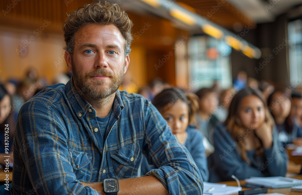 Fototapeta premium A man with a beard and blue eyes is sitting in a classroom