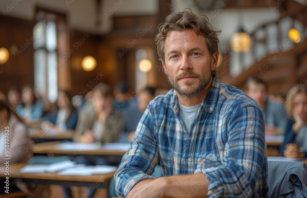 Obraz premium A man with a beard and blue eyes is sitting in a classroom