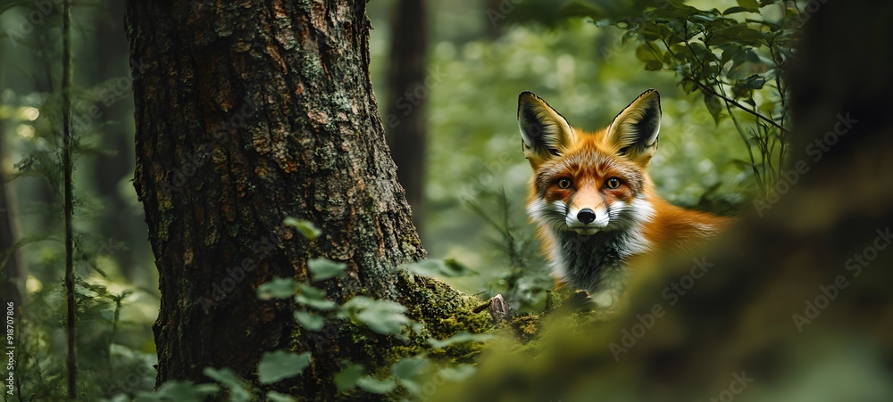 47. A serene forest scene with a red fox peeking out from behind a tree 47. A serene forest scene with a red fox peeking out from behind a tree