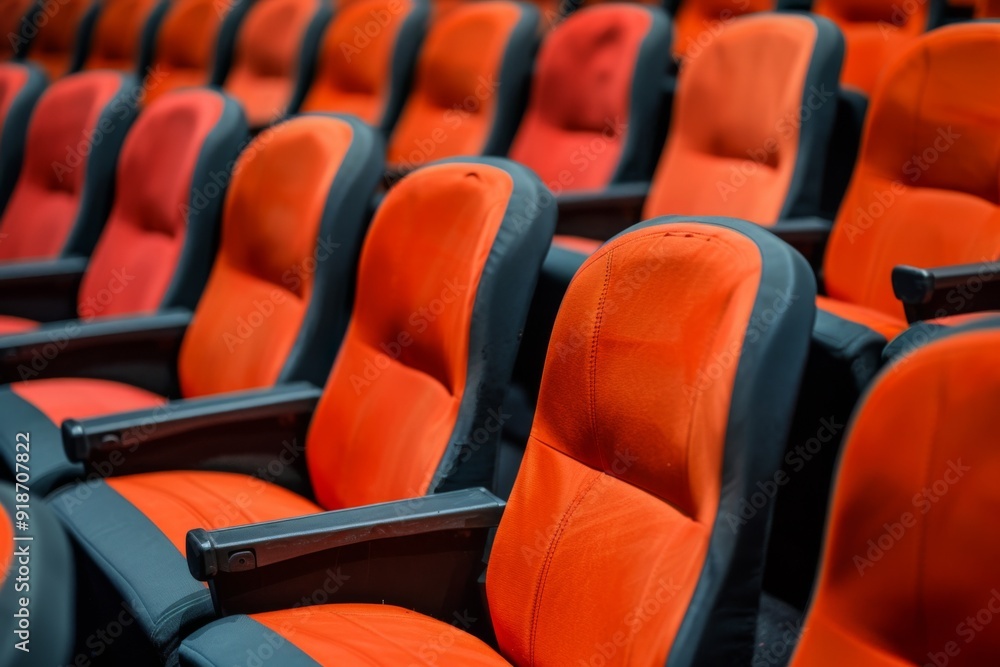 Empty red theater seats viewed across several rows. Empty red theater seats viewed across several rows.