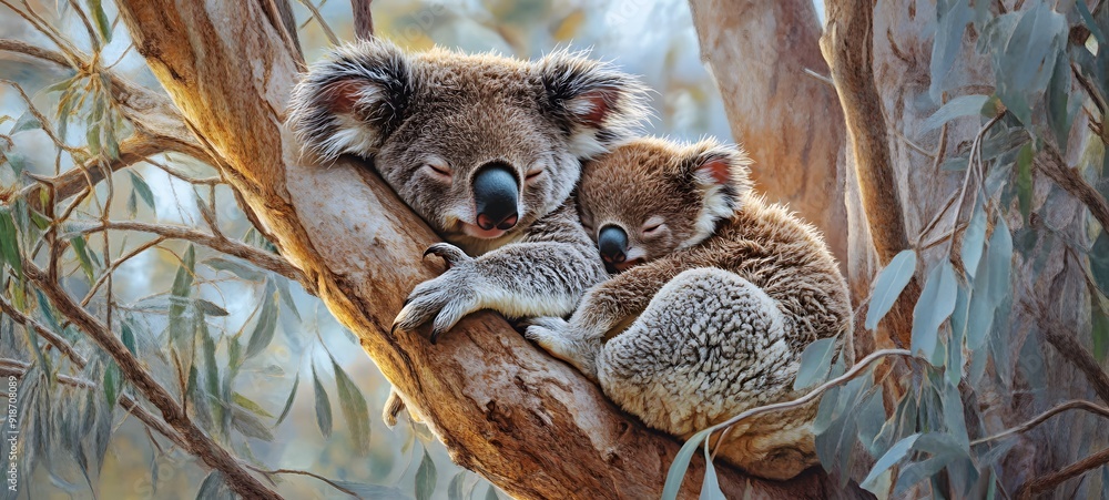 Obraz premium 50. A peaceful scene of a mother and baby koala resting in a eucalyptus tree