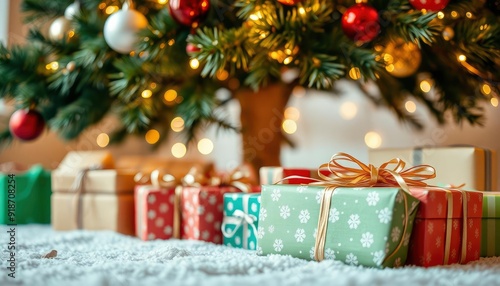 merry christmas background with a close-up of beautifully wrapped gifts under a decorated tree, soft fairy lights in the background, copy space above, ai