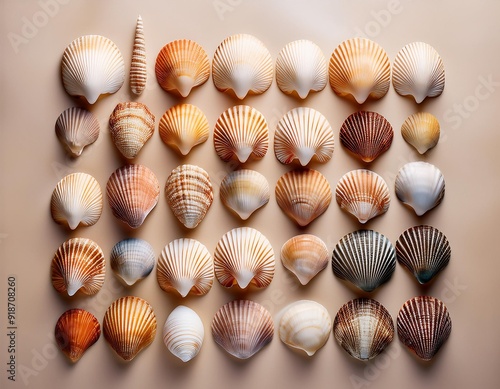 Variety of sea shells arranged in rows