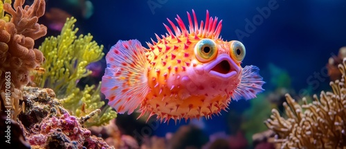 Fototapeta Naklejka Na Ścianę i Meble -  Surprised Pufferfish, Vibrant pufferfish in a coral reef, Marine Life Expression.