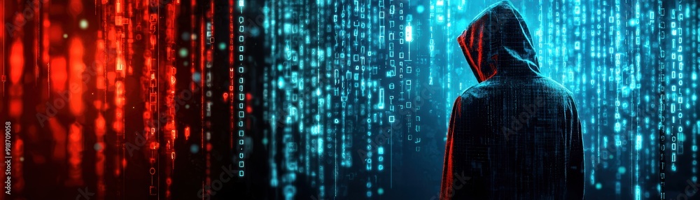 Mysterious hooded figure surrounded by digital code in red and blue, representing cybersecurity, hacking, or digital espionage. Mysterious hooded figure surrounded by digital code in red and blue, representing cybersecurity, hacking, or digital espionage.