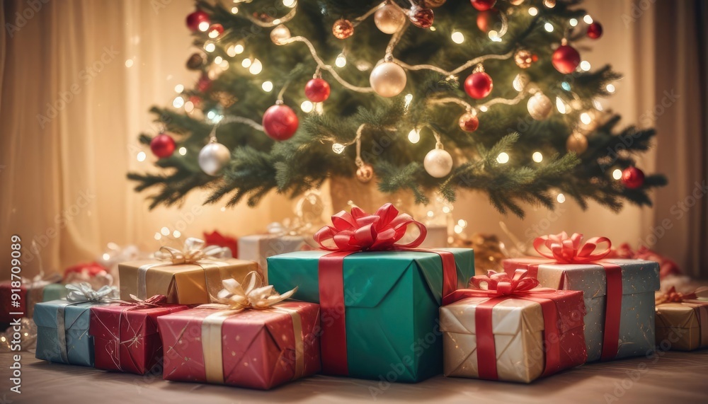 merry christmas background with a close-up of beautifully wrapped gifts under a decorated tree, soft fairy lights in the background, copy space above, high detail, vibrant color, ai merry christmas background with a close-up of beautifully wrapped gifts under a decorated tree, soft fairy lights in the background, copy space above, high detail, vibrant color, ai