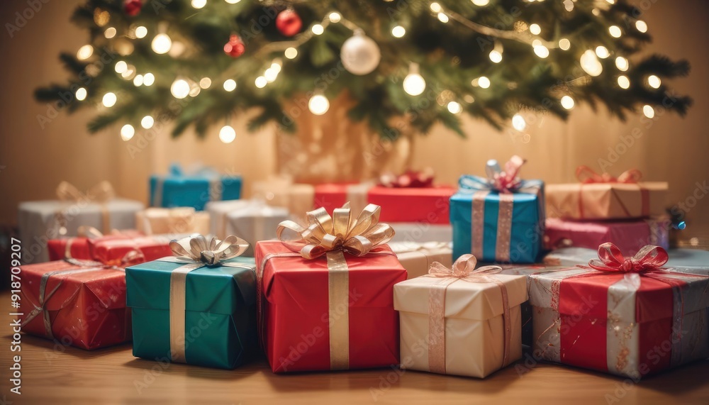 merry christmas background with a close-up of beautifully wrapped gifts under a decorated tree, soft fairy lights in the background, copy space above, high detail, vibrant color, ai merry christmas background with a close-up of beautifully wrapped gifts under a decorated tree, soft fairy lights in the background, copy space above, high detail, vibrant color, ai