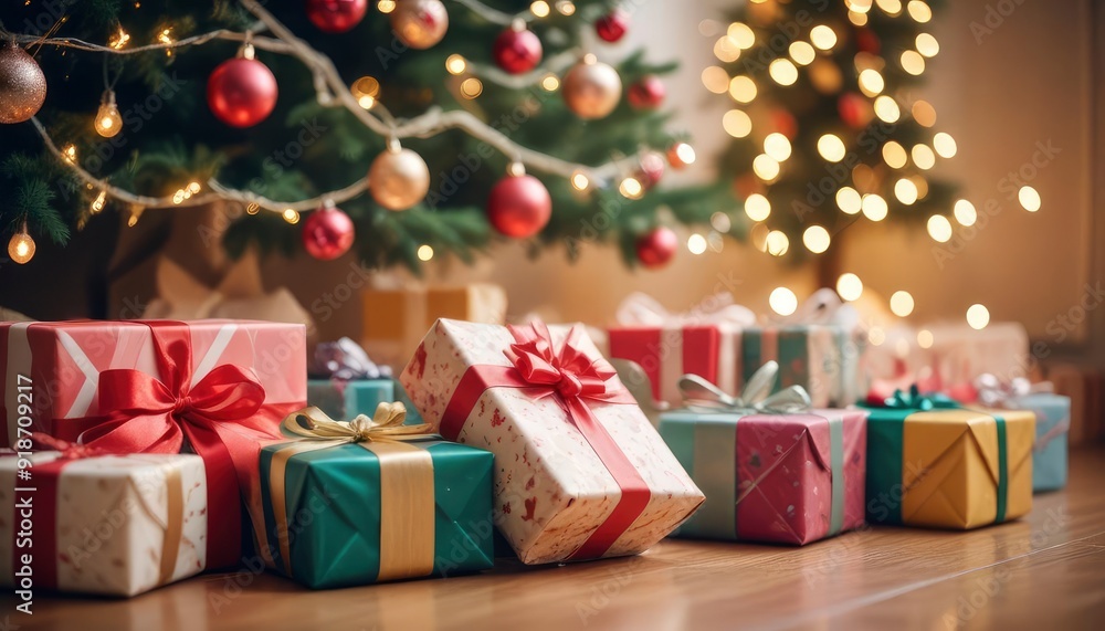 merry christmas background with a close-up of beautifully wrapped gifts under a decorated tree, soft fairy lights in the background, copy space above, high detail, vibrant color, ai merry christmas background with a close-up of beautifully wrapped gifts under a decorated tree, soft fairy lights in the background, copy space above, high detail, vibrant color, ai