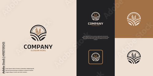 wheat or rice field logo with circular minimalist concept , vector design template.