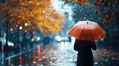 Person with an orange umbrella walking on a rainy autumn street, capturing the serene moment of the season's beauty.