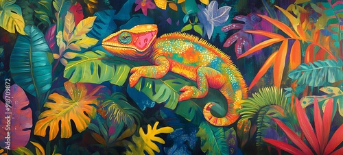 71. A vibrant jungle scene with a colorful chameleon camouflaged among tropical foliage
